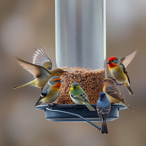 Variety of small birds sharing feeder