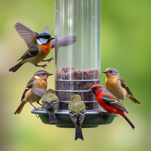 Variety of small birds sharing feeder