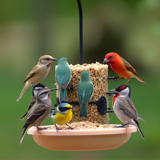Variety of small birds sharing feeder