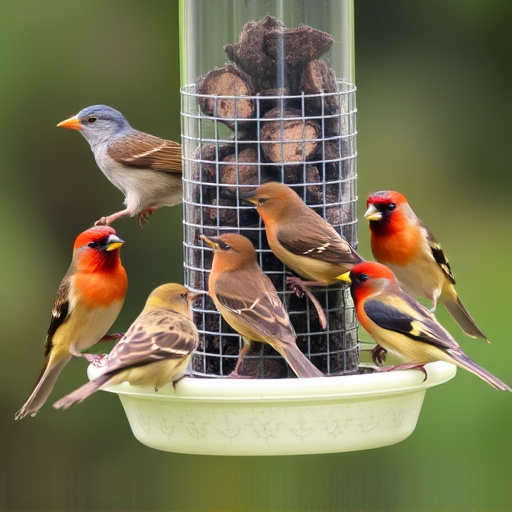 Variety of small birds sharing feeder