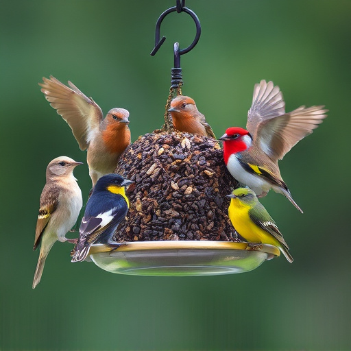 Variety of small birds sharing feeder