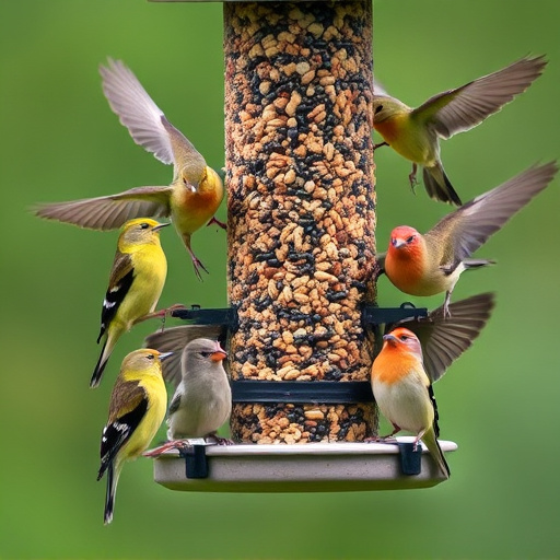 Variety of wild birds around seed feeder