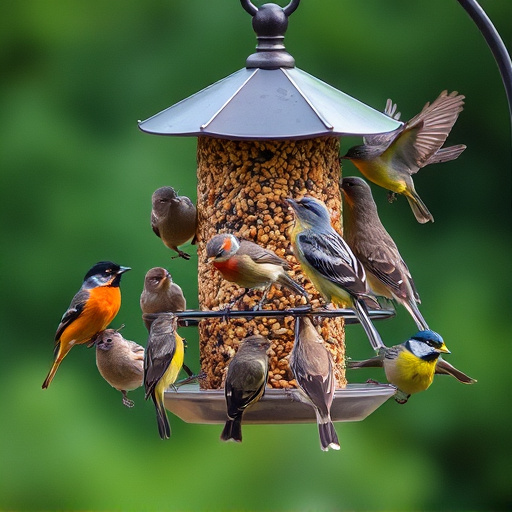Variety of wild birds around seed feeder