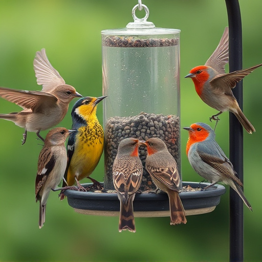 Variety of wild birds around seed feeder