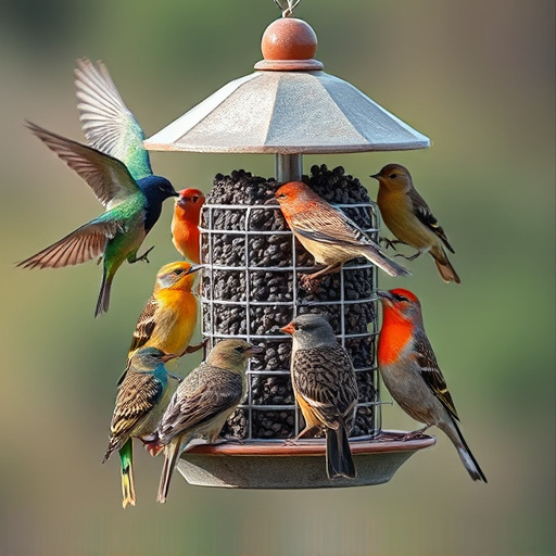 Variety of wild birds around seed feeder