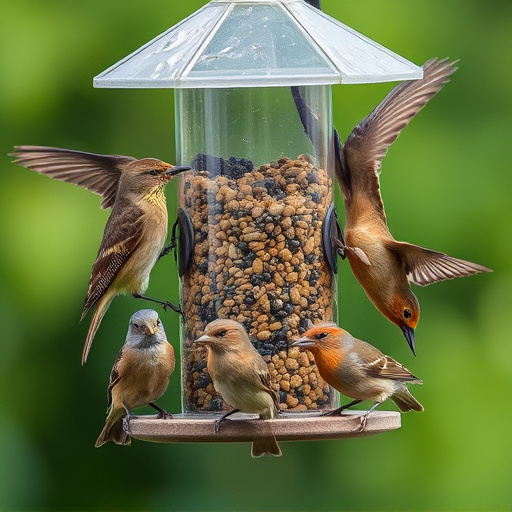 Variety of wild birds around seed feeder