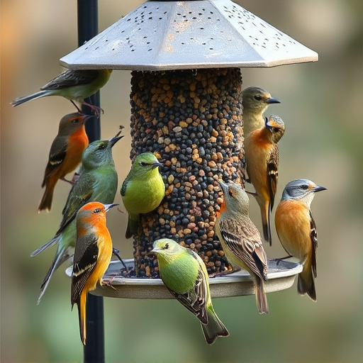 Variety of wild birds around seed feeder