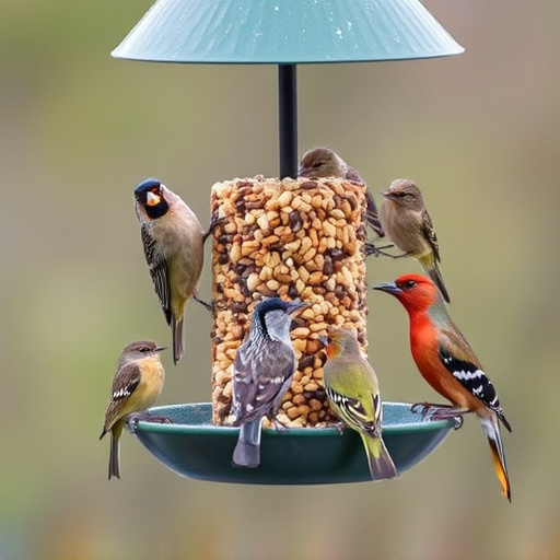 Variety of wild birds around seed feeder