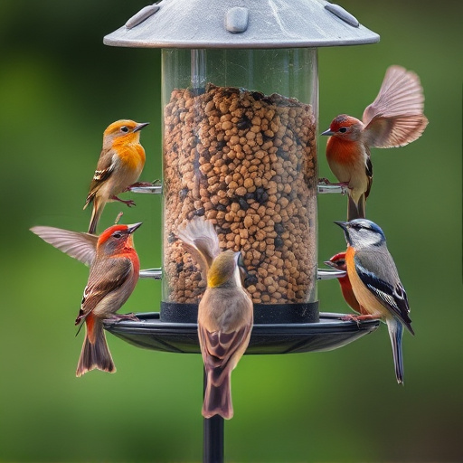 Variety of wild birds around seed feeder