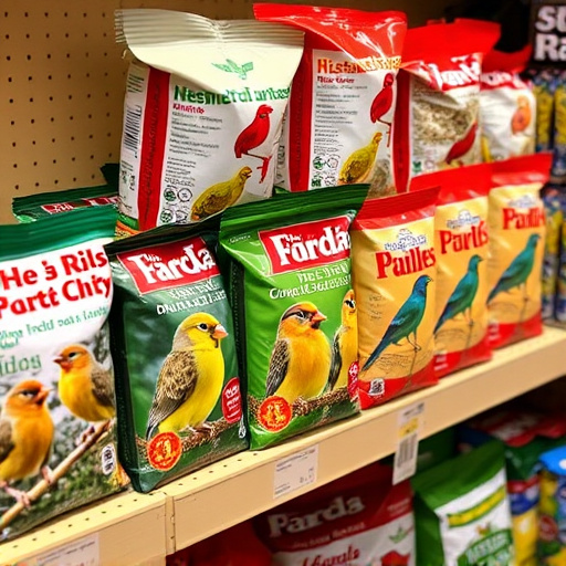 Various bird seed packs on shelf