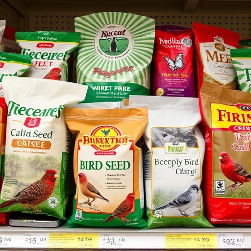 Various bird seed packs on shelf