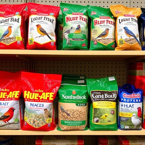 Various bird seed packs on shelf