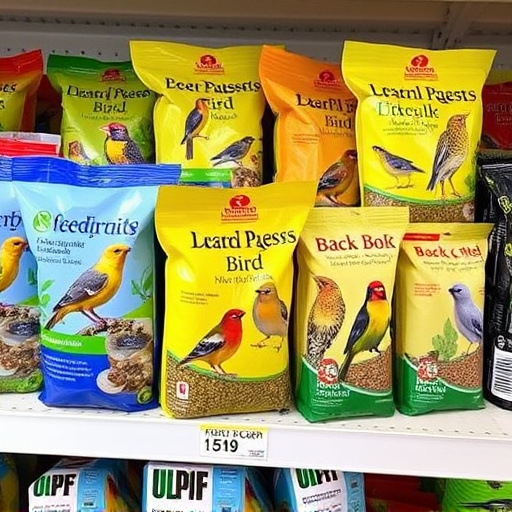 Various bird seed packs on shelf