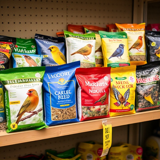 Various bird seed packs on shelf