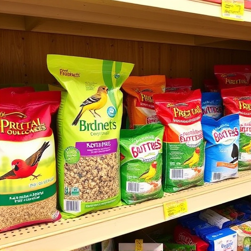 Various bird seed packs on shelf