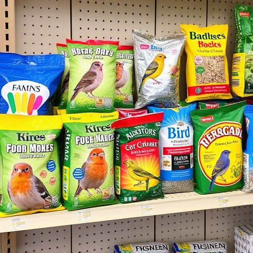 Various bird seed packs on shelf