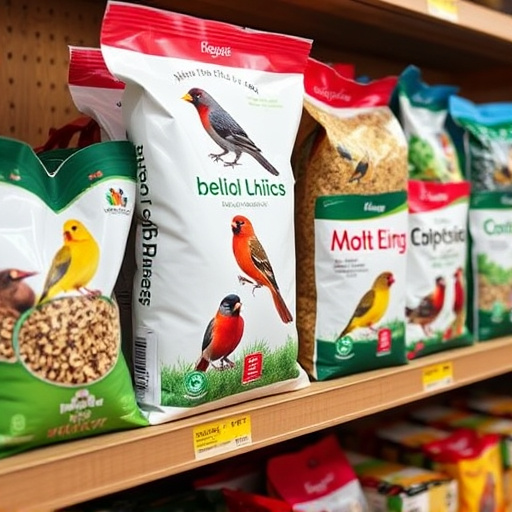 Various bird seed packs on shelf