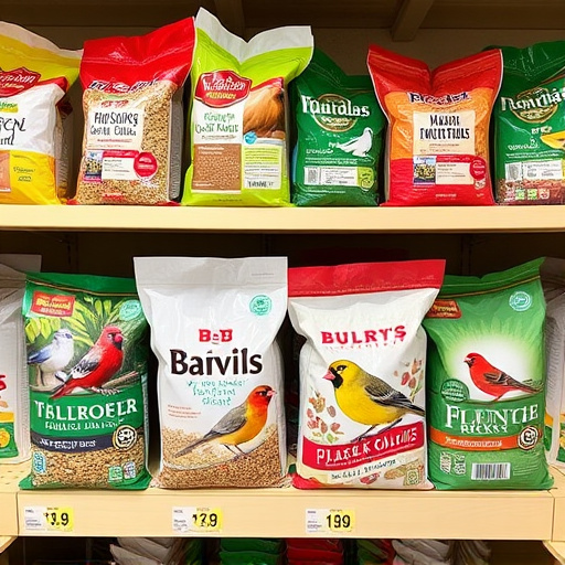 Various bird seed packs on shelf