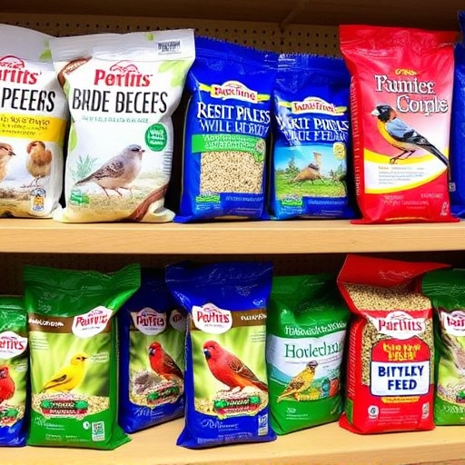 Various bird seed packs on shelf