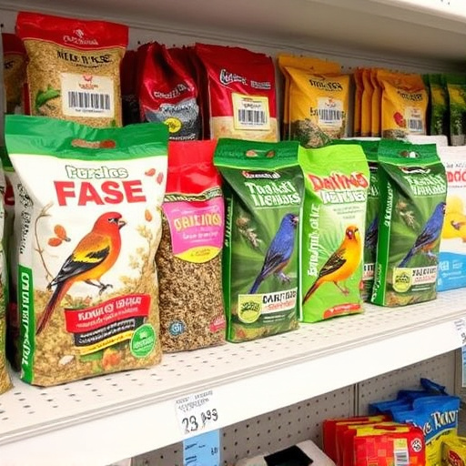 Various bird seed packs on shelf
