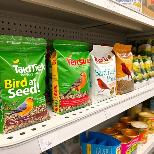 Various bird seed packs on shelf
