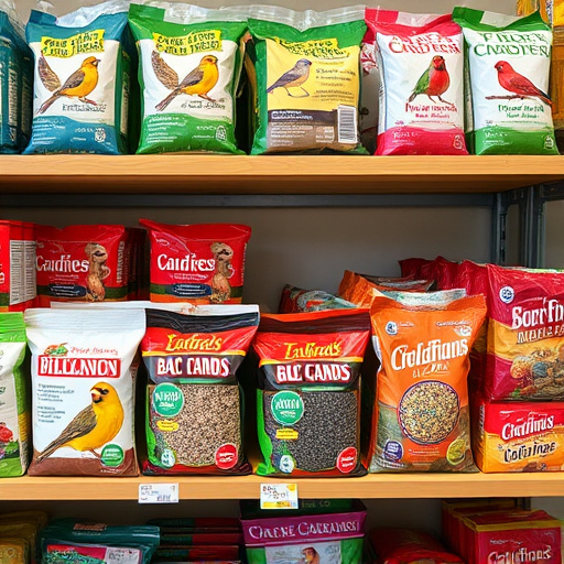Various bird seed packs on shelf