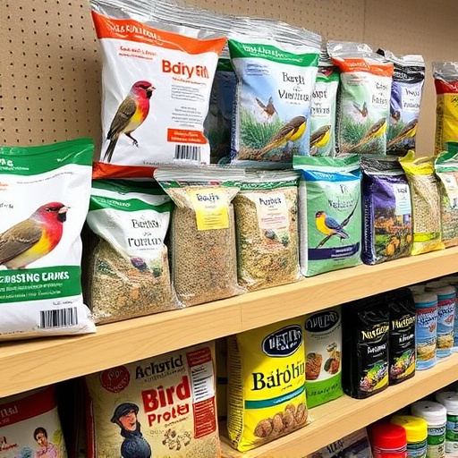 Various bird seed packs on shelf