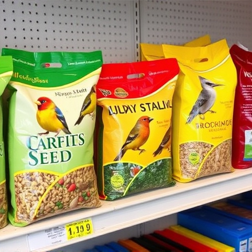 Various bird seed packs on shelf