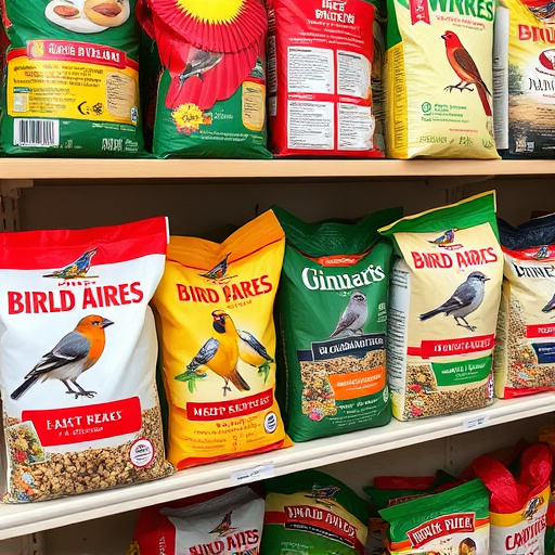 Various bird seed packs on shelf