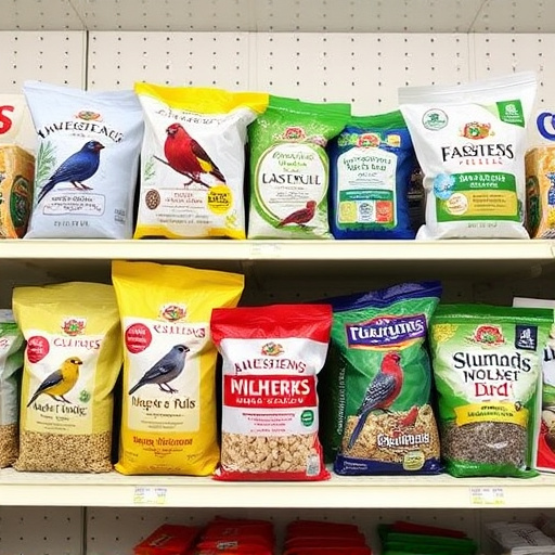 Various bird seed packs on shelf