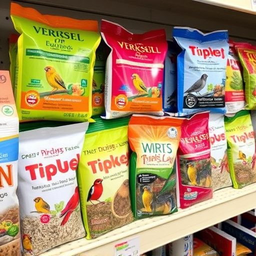 Various bird seed packs on shelf