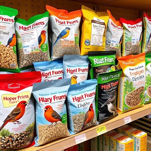 Various bird seed packs on shelf