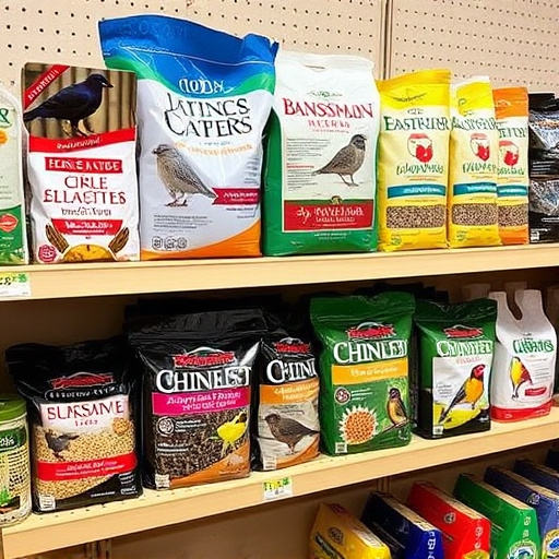 Various bird seed packs on shelf