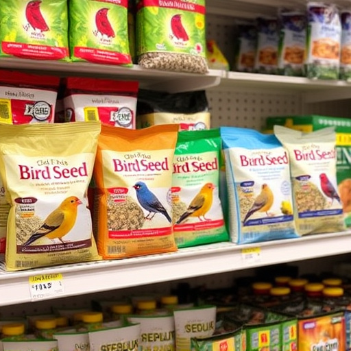 Various bird seed packs on shelf