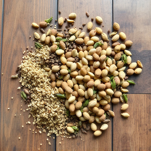 Various seeds spread on wooden table