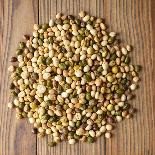 Various seeds spread on wooden table