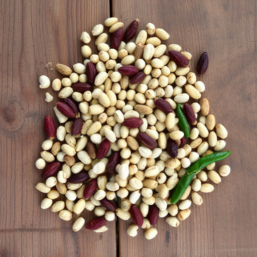 Various seeds spread on wooden table