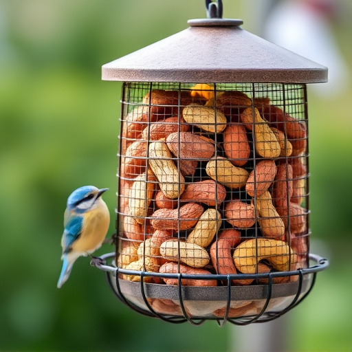 Whole peanuts in mesh bird feeder