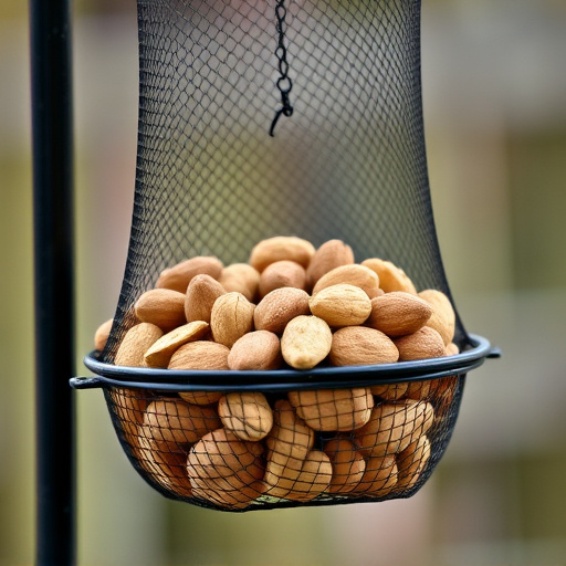 Whole peanuts in mesh bird feeder
