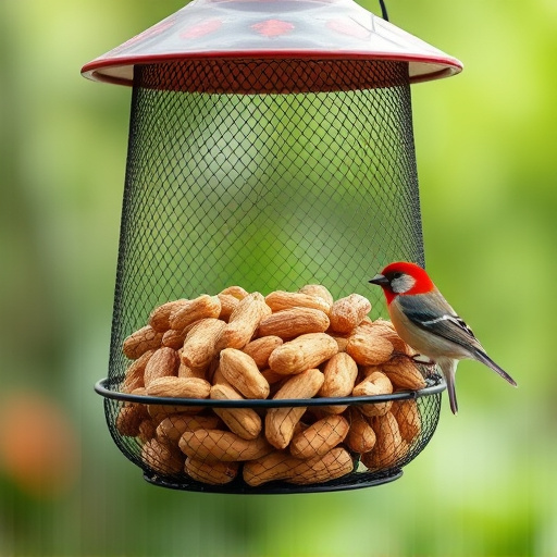 Whole peanuts in mesh bird feeder