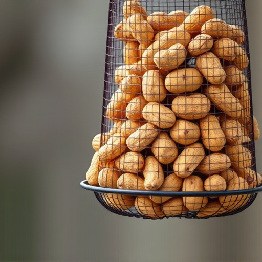 Whole peanuts in mesh bird feeder