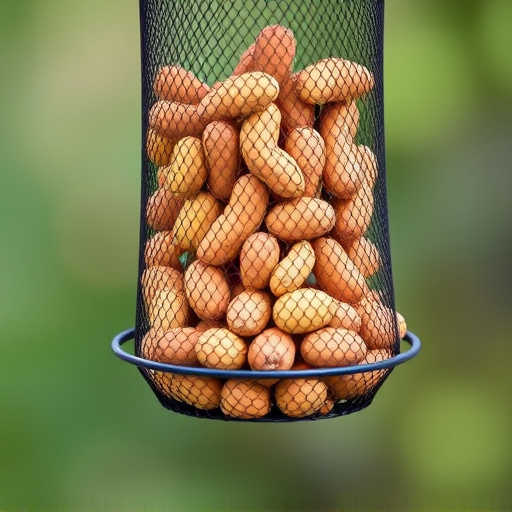 Whole peanuts in mesh bird feeder
