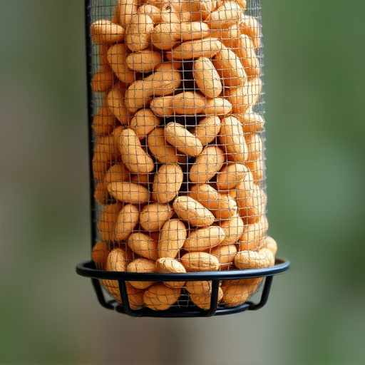 Whole peanuts in mesh bird feeder
