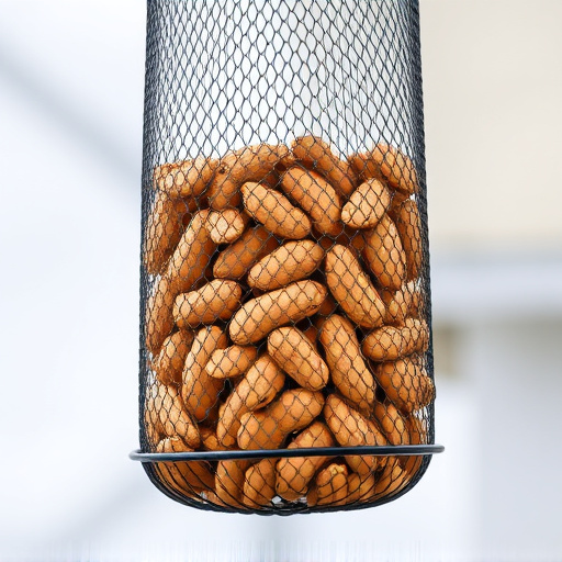 Whole peanuts in mesh bird feeder