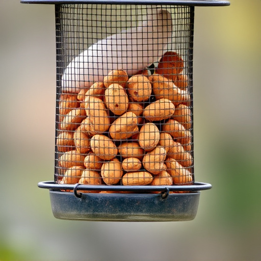 Whole peanuts in mesh bird feeder