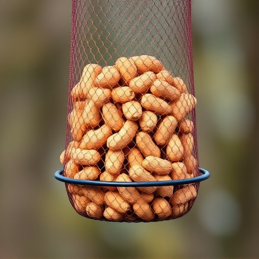 Whole peanuts in mesh bird feeder