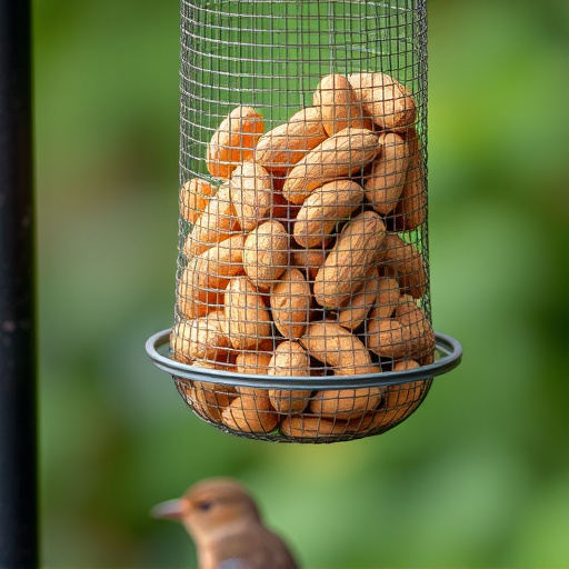 Whole peanuts in mesh bird feeder