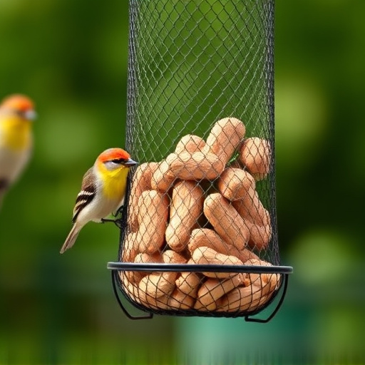 Whole peanuts in mesh bird feeder