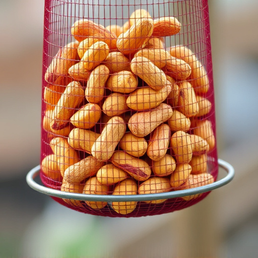 Whole peanuts in mesh bird feeder