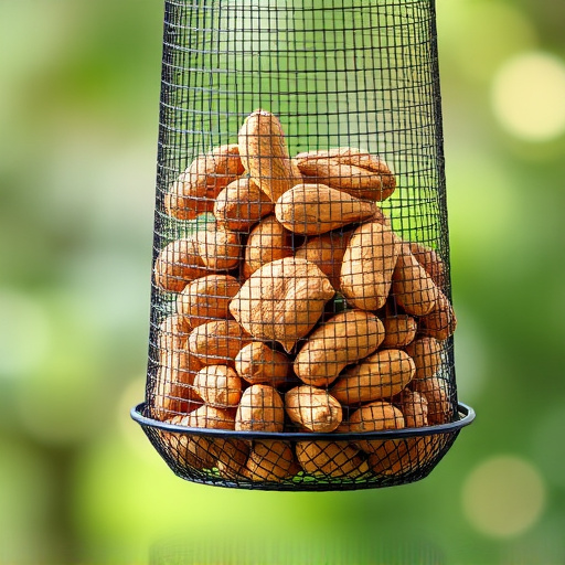 Whole peanuts in mesh bird feeder
